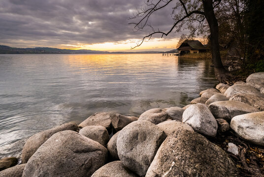 Sempachersee (lake Sempach) at sunset, Switzerland