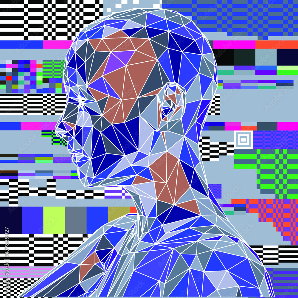 Poster 3D low poly model of a human head on pixelated and glitched background. Conceptual illustration of Artificial intelligence and Cyber Security.