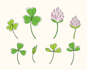 Line art watercolor set of clover leaves and pink flowers. Happy St. Patricks Day