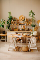 interior of kitchen is made of wood with elements of eco style. autumn decor. 