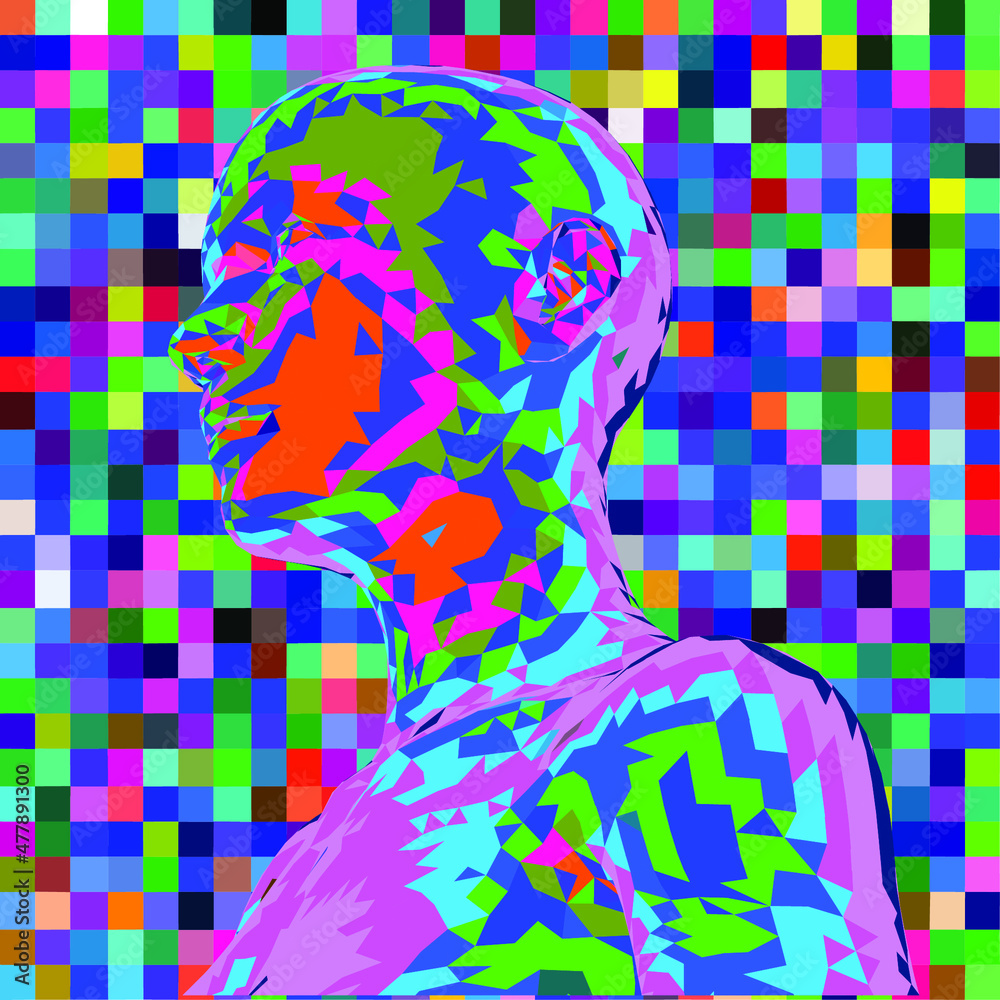 Poster 3D low poly model of a human head on pixelated and glitched background. Conceptual illustration of Artificial intelligence and Cyber Security.