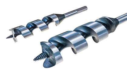 Close-up of auger drill bits for wood isolated on a white background. Metal drilling tools of two sizes with tapered screw thread on center tip and long deep spiral flute for chip removal at woodwork.