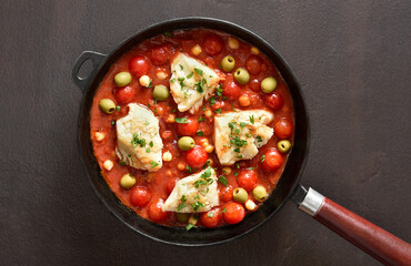 Cod stew in pan
