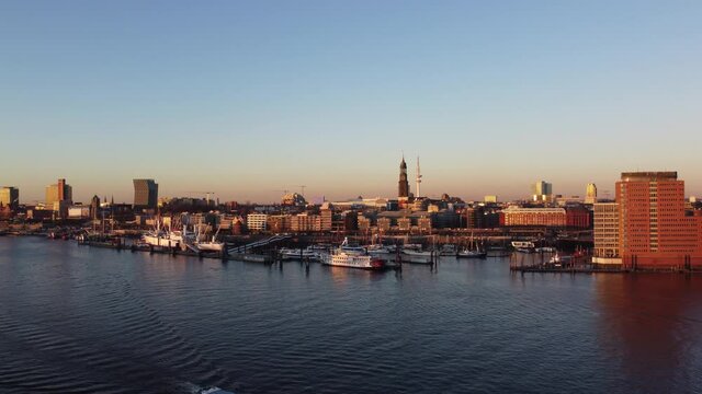 Wonderful view over Hamburg harbour and the Elbphilharmonie Concert Hall at sunset - drone photography Germany from above