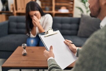 Man and woman psychology and patient having psychologist session at psychology clinic