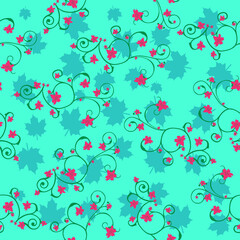 red lilies blossom with green grape leaves decorated with floral patterns