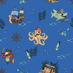 Seamless pattern fabric for kids - cute pirate blue. Texture background. Bezszwowy dziecinny wzór piracki niebieski.  - obrazy, fototapety, plakaty
