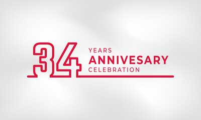 34 Year Anniversary Celebration Linked Logotype Outline Number Red Color for Celebration Event, Wedding, Greeting card, and Invitation Isolated on White Texture Background
