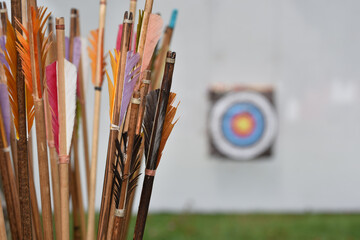 handmade arrows for bow on blur background target