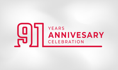 91 Year Anniversary Celebration Linked Logotype Outline Number Red Color for Celebration Event, Wedding, Greeting card, and Invitation Isolated on White Texture Background