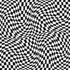 Chess canvas or racing flag curly and seamless texture. Vector checkers. Wavy texture squares pattern.