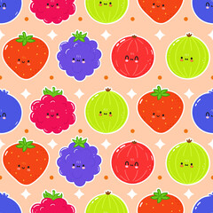 Cute funny berries concept pattern. Vector hand drawn cartoon kawaii character illustration icon. Cute kawaii berries cartoon seamless pattern concept