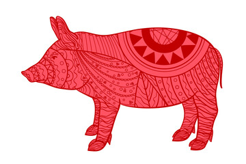 Colored pig on white. Zentangle. Hand drawn animal with intricate patterns on isolated background. Design for spiritual relaxation for adults. Illustration for banners, t-shirts and textiles. Zen art