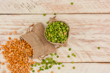 close up Split green and yellow  peas background