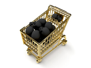 3d render, golden basket from the store filled with black skulls on a white background with shadow isolated,irresponsible marketing, deadly shopping