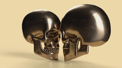 3d render, two golden skulls look at each other on a yellow background in profile