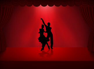 latin salsa silhouette dancing on stage in front of the audience- Tango Dance Couple - obrazy, fototapety, plakaty