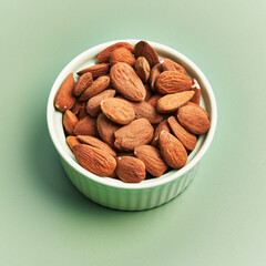  Bowl of delicious almonds over green background