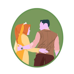 Portrait of romantic man and woman looking at each other and holding each other's waist. circle soft green circle