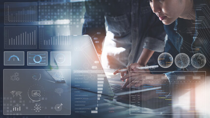 Data analysis, Intelligence (BI) and business analytics (BA) with key performance indicators (KPI), global business, internet network technology concept.