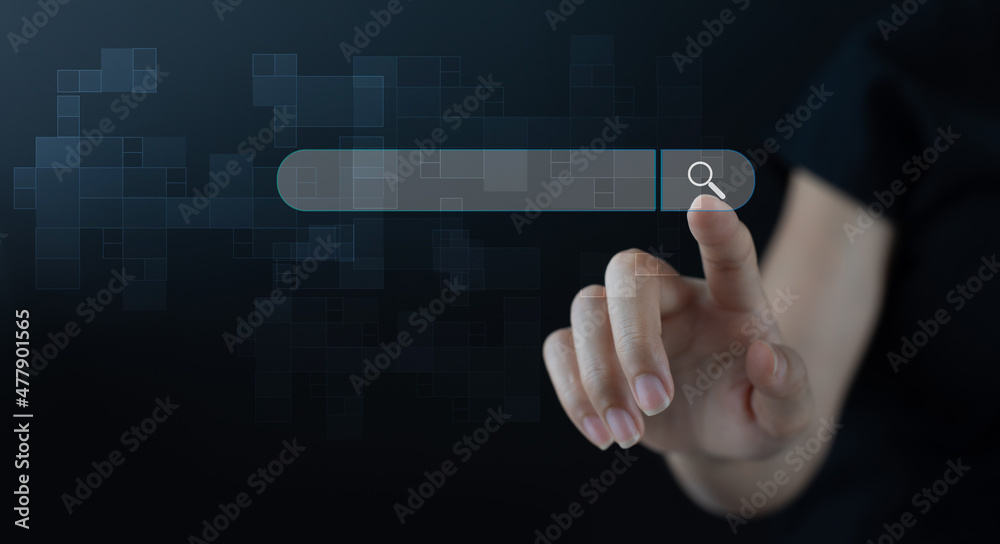 Wall mural search engine, seo, browsing internet data information networking concept. business woman clicking i