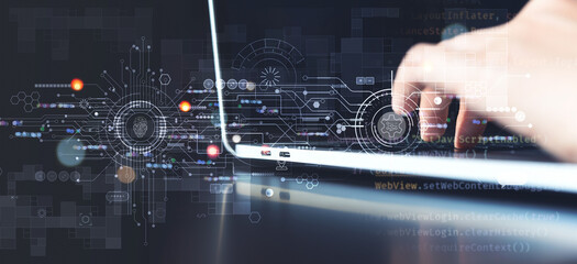 Digital transformation, IoT, Internet of Things, Software technology development concept. Software engineer coding on laptop computer with innovation technology interface