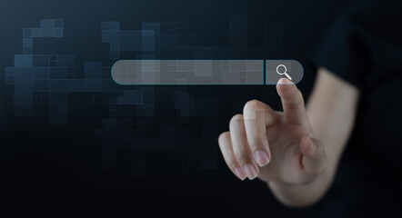 Search engine, SEO, Browsing Internet data information networking concept. Business woman clicking...