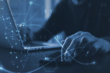 Internet of things IoT, digital technology, software development, data transfer concept. Man programmer using mobile smart phone and laptop computer with internet global network connection