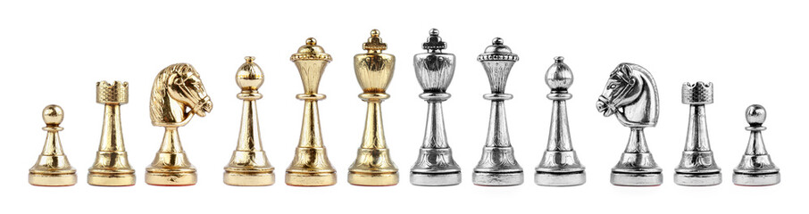 Fototapeta na wymiar Set with golden and silver chess pieces on white background. Banner design