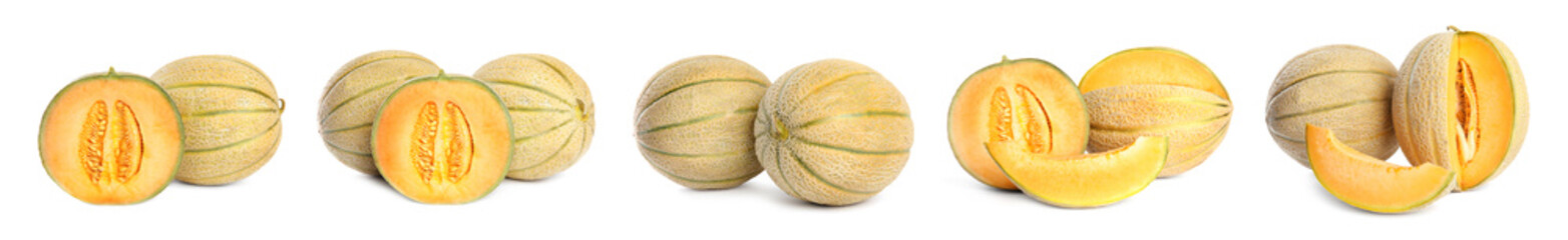 Set with delicious ripe melons on white background. Banner design