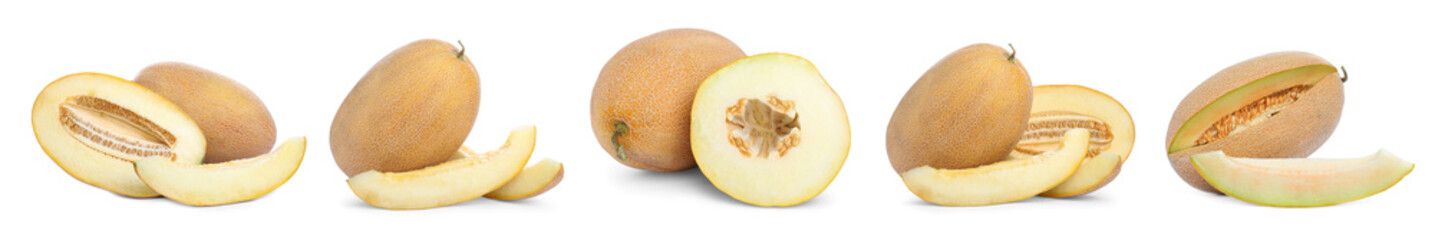 Set with delicious ripe melons on white background. Banner design
