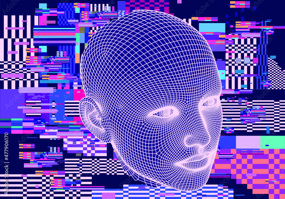 Poster 3d low-polygonal model of a human head on a pixelated and glitchy background. conceptual illustratio
