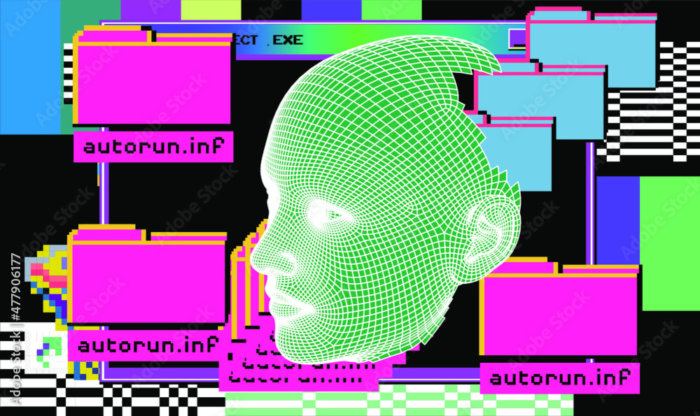 Poster 3d low-polygonal model of a human head on a pixelated and glitchy background. conceptual illustratio