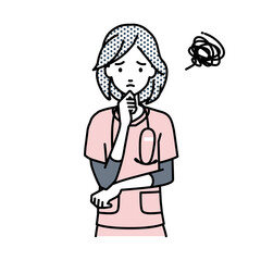 立って手をあごにあてて困っている看護師の女性