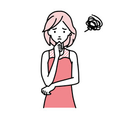 立って手をあごにあてて困っているドレスの女性