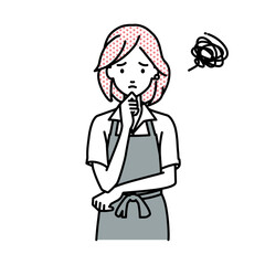 立って手をあごにあてて困っているカフェ店員の女性