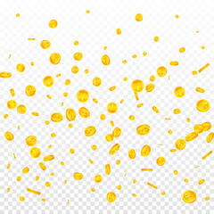 Chinese yuan coins falling. Excellent scattered CNY coins. China money. Appealing jackpot, wealth or success concept. Vector illustration.