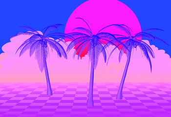 3D palms in the sunset light. Retrowave and vaporwave aesthetics.