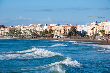 View of sandy beach by the sea or ocean with palm trees under blue sky.