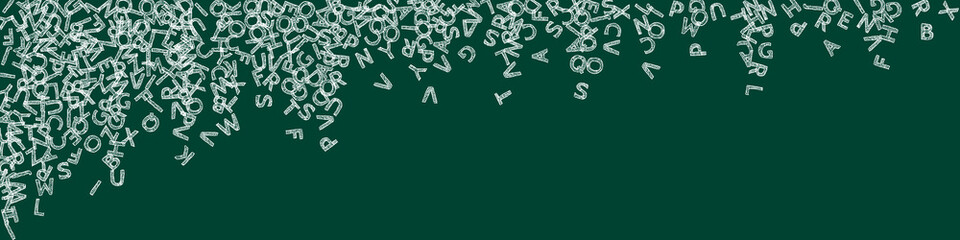 Falling letters of English language. Chalk sketch flying words of Latin alphabet. Foreign languages study concept. Sightly back to school banner on blackboard background.