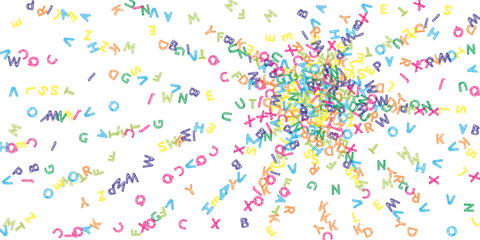 Falling letters of English language. Colorful sketch flying words of Latin alphabet. Foreign languages study concept. Unequaled back to school banner on white background.