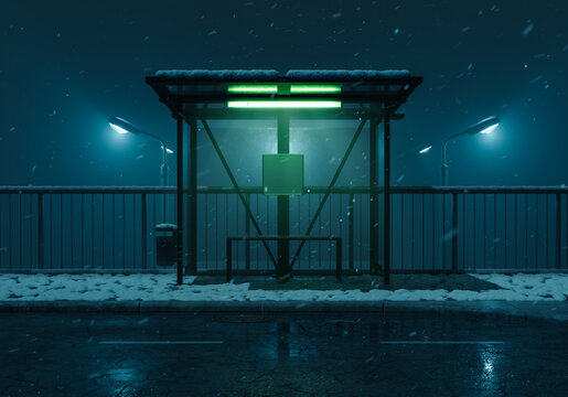 3d rendering of illuminated bus stop on a street at winter night