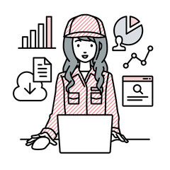 デスクで座ってPCを開いてリサーチしたりデータを分析してレポートにまとめている作業員の女性
