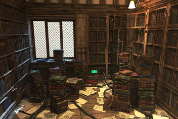 Old library energy preload, complete scene for background. 3D rendering illustration.