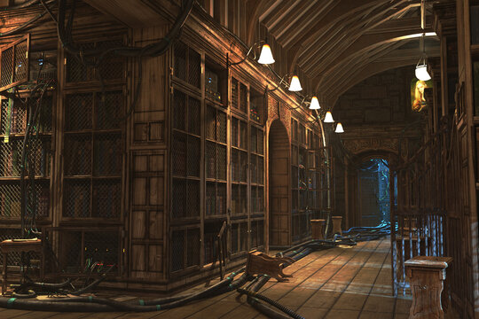 Old library energy preload, complete scene for background. 3D rendering illustration.