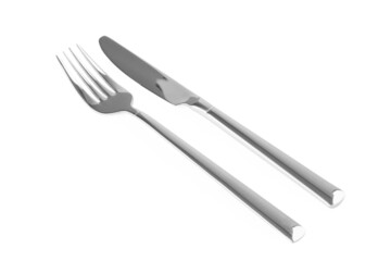 New shiny fork and knife on white background