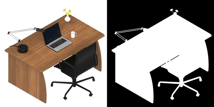 3D rendering illustration of an office desk with a laptop