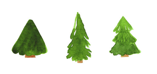 set of watercolor illustrations of forest fir trees isolated on white background, postcards, sticker, for designs of pos materials