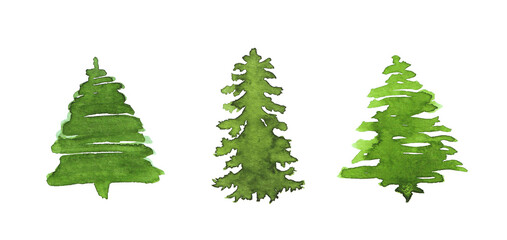 Obraz premium clip art of watercolor illustrations of forest fir trees isolated on white background, postcards, sticker, for designs of pos materials