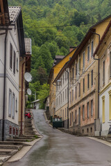 Steep narrow street in Idrija, Slovenia.